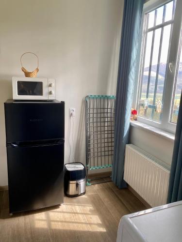a kitchen with a microwave on top of a refrigerator at Dez Guest House, Margahovit, Lori in Margahovit