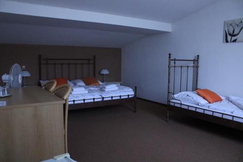 a room with two beds and a counter in it at Sporthotel Patriot in Litoměřice