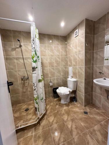 a bathroom with a toilet and a shower and a sink at PSB Apartments in Midia Resort Aheloy in Aheloy