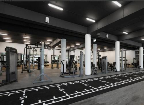 a gym with rows of exercise equipment and columns at Apartmán Brezovina Lux in Veselé