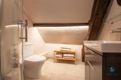 a bathroom with a toilet and a sink at Stable Cottage at Poxwell Manor in Poxwell