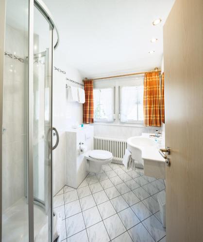 a bathroom with a shower and a toilet and a sink at Hotel Gasthaus Hirschen Todtnau Brandenberg Hochschwarzwald Feldberg in Todtnau