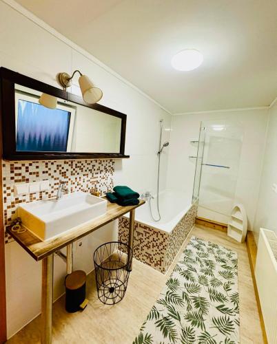 ブルガウにあるFerienwohnung ESMAの洗面台とシャワー付きのバスルーム
