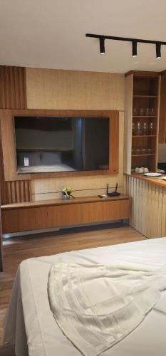 クイアバにあるFlat Premium Studio Cuiabá 701のベッドルーム(薄型テレビ、ベッド付)