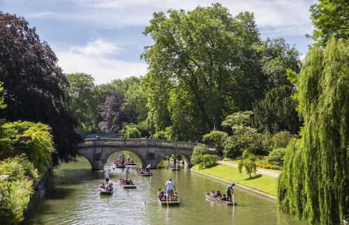 a group of boats in a river with a bridge at Modern Flat in Central Cambridge in Girton
