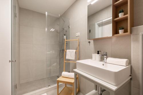un bagno con lavandino e doccia di BUDAPEST DOWNTOWN RESIDENCES VH - AC, Elevator, Terrace a Budapest