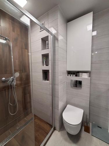 a bathroom with a toilet and a shower at Wake Park Apartartament in Głowno