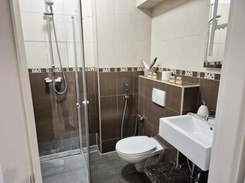 a bathroom with a shower and a toilet and a sink at New City Center Stays 1 in Munich
