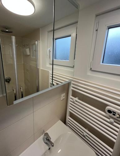a bathroom with a sink and a mirror at Hausboot-See-SUPs-Dachterrasse-Familie-Meer! in Wangerland