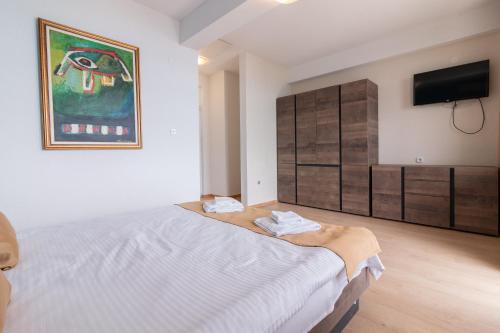 a bedroom with a bed and a flat screen tv at Konaci Manastir Sveti Stefan - Ohrid in Ohrid