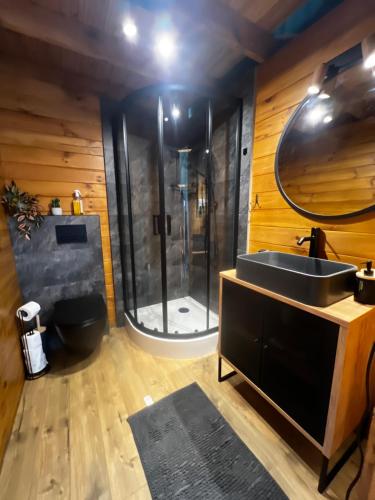a bathroom with a sink and a shower at Glamping Sfera Marzeń in Szewna