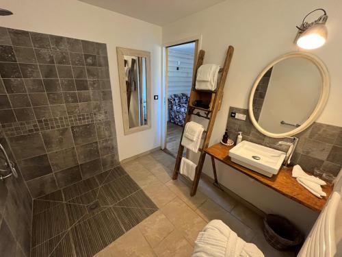 a bathroom with a shower and a sink and a mirror at Domaine de charme sur lac privé in Dirac
