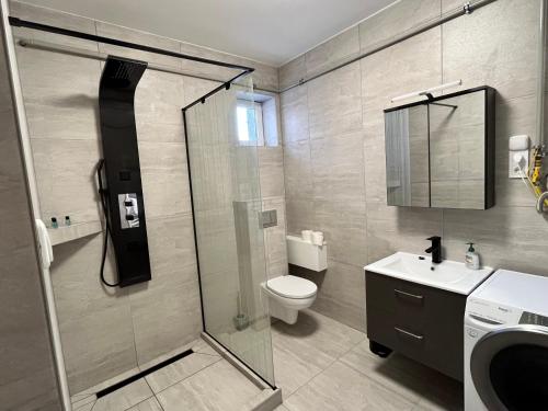 a bathroom with a shower and a toilet and a sink at 4ML Boutique Room in Debrecen