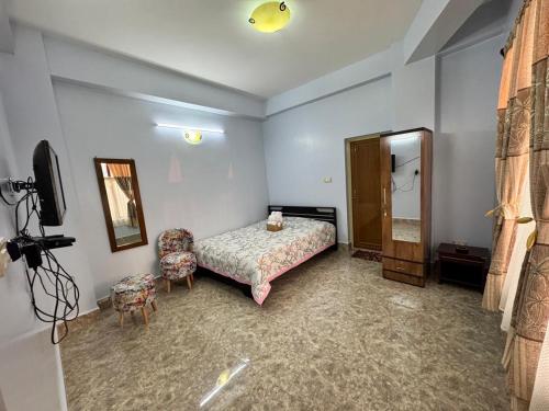 a bedroom with a bed and a mirror and a television at ZnZ Homestay in Shillong