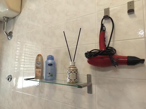 a bathroom with a glass shelf with a blow dryer at Cozy Apartments in Lido di Ostia