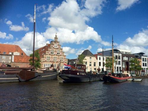 a group of boats docked in the water near buildings at Lovely cozy houseboat Rembrandt, old centre Leiden in Leiden