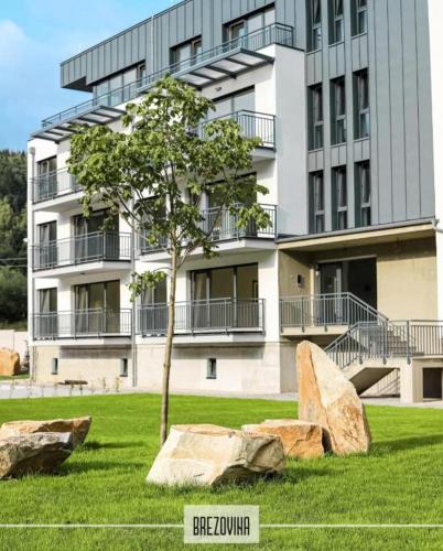 a building with a tree and two rocks in the grass at Apartmán Brezovina Lux in Veselé