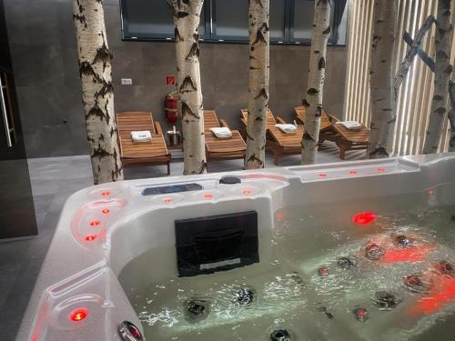 a bath tub filled with water next to benches at Apartmán Brezovina Lux in Veselé