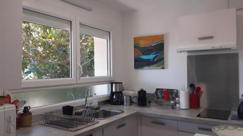 une cuisine avec un évier et deux fenêtres dans l'établissement LA CIGALE STUDIO à port vendres, à Port-Vendres