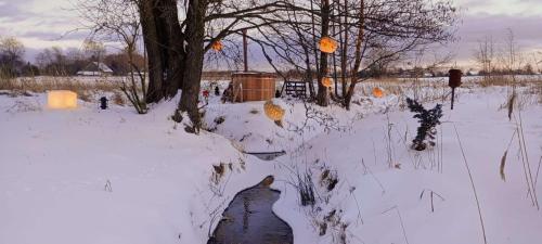 a snow covered field with a tree and a creek at dla mnie się podoba in Krzywiec