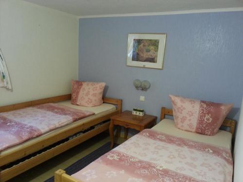 a room with two beds and a table at Ferienwohnungen Angela - Ruhe, Komfort und Erholung im Grünen in Bad Marienberg