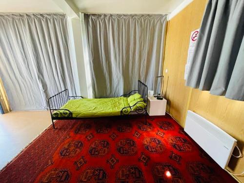 a bedroom with a bed on a red carpet at GreenPark Tiny House, Garden Terrace & Parking in Bekecs
