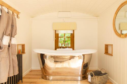 a large fish bowl in a bathroom with a tub at The Fish Hotel in Broadway