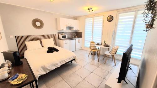- une chambre avec un lit avec un chien noir dans l'établissement Studio Cosy et Élégant avec place privée, au Mans