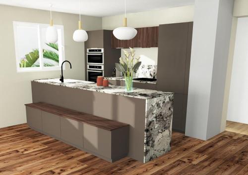 - une cuisine avec un comptoir dans une pièce dans l'établissement LA TANIÈRE DES OURSONS - Appartement duplex NEUF 9-10 pers vue pistes avec garages, à Montgenèvre