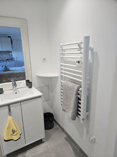 une salle de bain blanche avec un lavabo et un miroir dans l'établissement La petite bulle d'Aurel, à Quesques