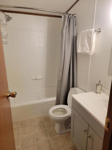 a bathroom with a shower and a toilet and a sink at Samburg get a Way in Hornbeak