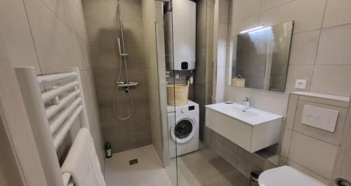 une salle de bain avec une machine à laver et un lavabo dans l'établissement T3 Centre Propriano, à La Celle-sous-Gouzon