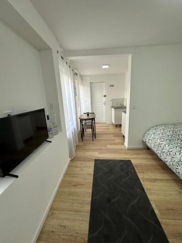 a living room with a bed and a flat screen tv at Le clos du 4 in Épernay