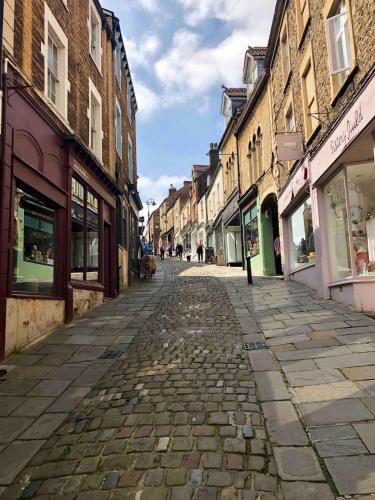 a cobblestone street in an old town with buildings at Catherine Hill House Grade 2 Listed Apartment, Frome in Frome
