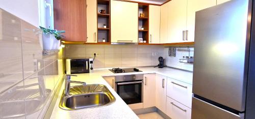 a kitchen with a sink and a stainless steel refrigerator at Villa Ana with a private pool on a 3000m2 property in Čvrljevo