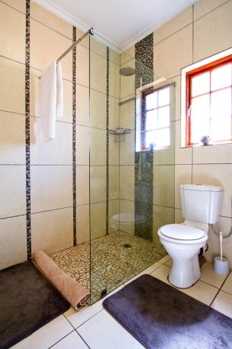 a bathroom with a toilet and a glass shower at Auob Country Lodge in Gochas