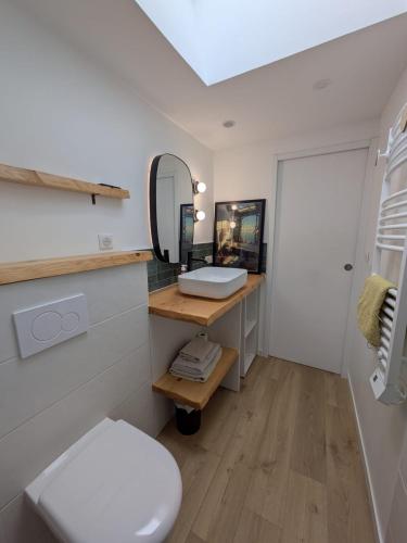 une salle de bain avec des toilettes blanches et un miroir dans l'établissement Agréable dépendance !, à Le Bignon