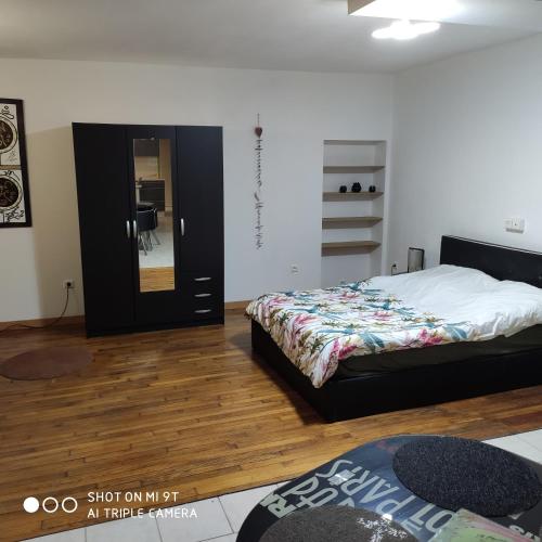 une chambre avec un lit et un miroir dans l'établissement MEUBLE Centre Epinal SCI FLYM, à Épinal