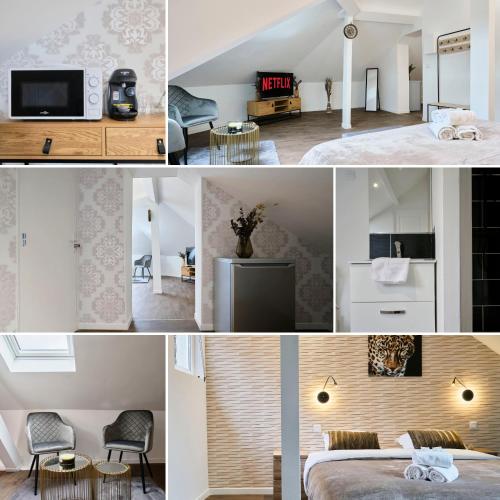 un collage de photos d'une chambre et d'un salon dans l'établissement NG Prestige - TV - Netflix - WIFI, à Tourcoing