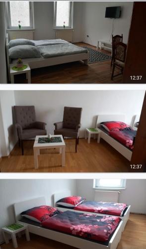 two pictures of a bedroom with a bed and a table at Monteurwohnung bei Nina 1OGR in Zeitz