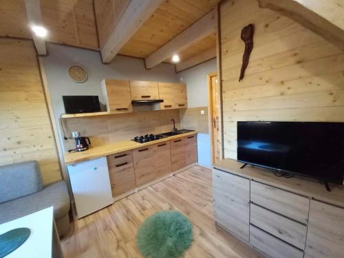 a kitchen with a large television in a cabin at Domki na kamieńcu 47c in Ustrzyki Dolne