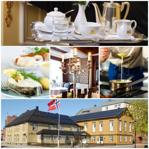a collage of pictures of a building and a house at Hotel Kong Carl - Unike Hoteller in Sandefjord