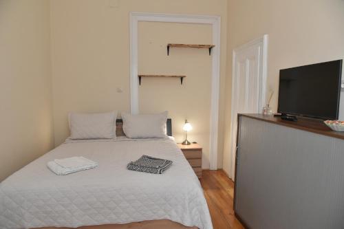 a bedroom with a bed and a flat screen tv at BLISS HOUSE Primariei in Oradea