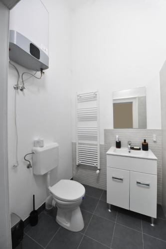 a white bathroom with a toilet and a sink at BLISS HOUSE Primariei in Oradea