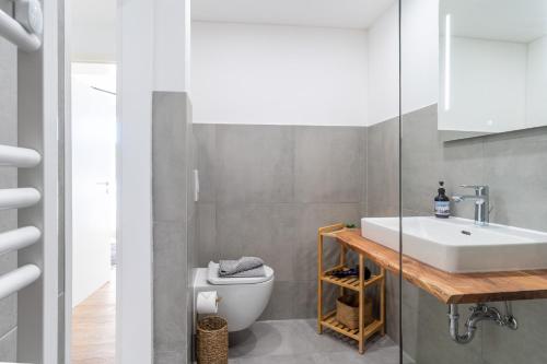 une salle de bain avec un lavabo et des toilettes dans l'établissement Ferienwohnung Four Twee – Ihr gemütlicher Rückzugsort in SPO, à Sankt Peter-Ording