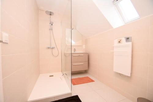 une salle de bain avec une douche avec une porte vitrée dans l'établissement Maison de la mer à 6min des plages avec jardin, à Saint-Coulomb