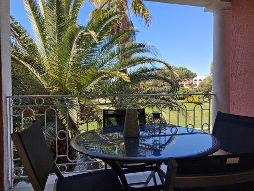 une table en verre sur un balcon avec un palmier dans l'établissement Joli appartement Les Parcs de Grimaud - Piscine, à Grimaud