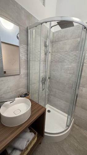 a bathroom with a shower and a sink at Nova Central in Cluj-Napoca