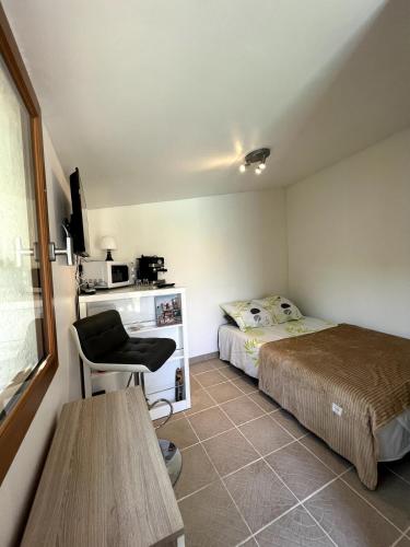 une chambre avec un lit, un bureau et une chaise dans l'établissement Cabana 12 m2, à Nice
