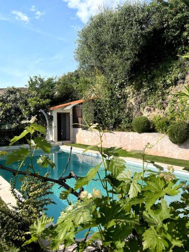une piscine avec une maison en arrière-plan dans l'établissement Cabana 12 m2, à Nice